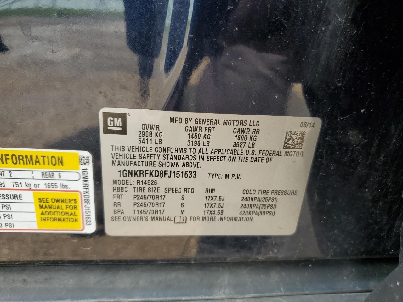 2015 Chevrolet Traverse Ls VIN: 1GNKRFKD8FJ151633 Lot: 59119995