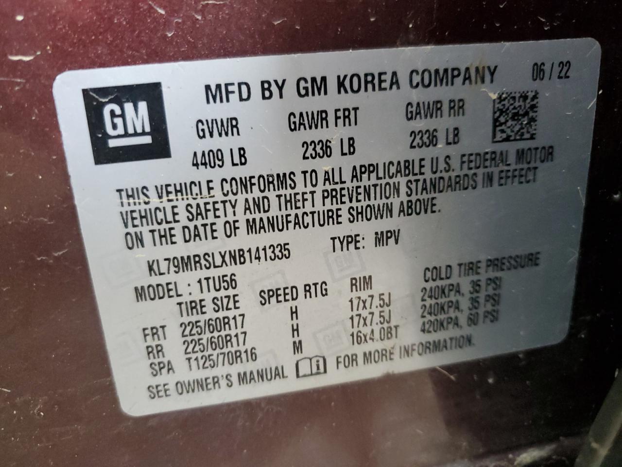 2022 Chevrolet Trailblazer Lt VIN: KL79MRSLXNB141335 Lot: 61479845