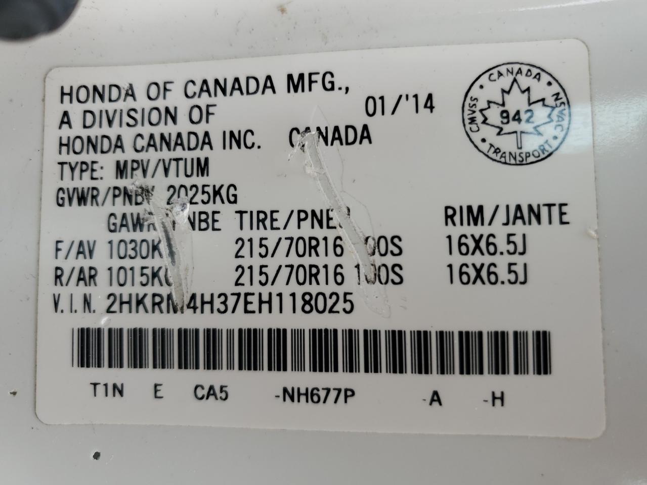 2014 Honda Cr-V Lx VIN: 2HKRM4H37EH118025 Lot: 61837285