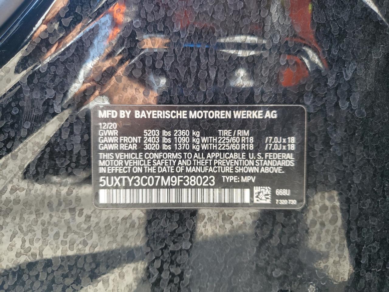2021 BMW X3 Sdrive30I VIN: 5UXTY3C07M9F38023 Lot: 61184685