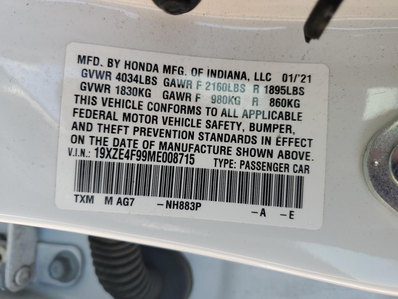 2021 Honda Insight Touring VIN: 19XZE4F99ME008715 Lot: 59865415