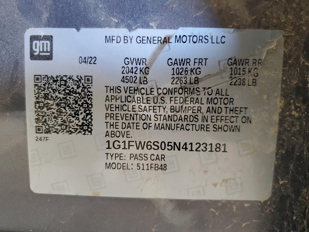2022 Chevrolet Bolt Ev 1Lt VIN: 1G1FW6S05N4123181 Lot: 60663445