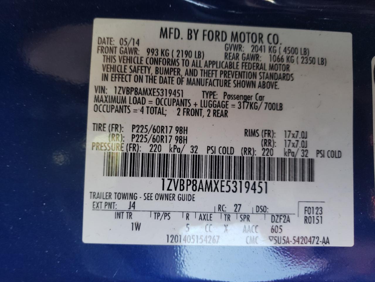 2014 Ford Mustang VIN: 1ZVBP8AMXE5319451 Lot: 62960065