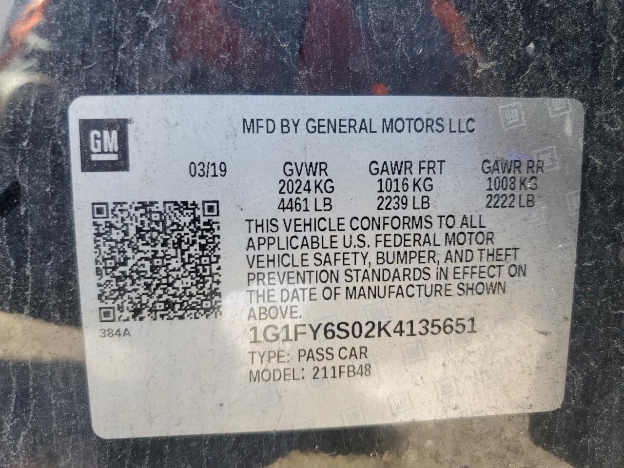 2019 Chevrolet Bolt Ev Lt VIN: 1G1FY6S02K4135651 Lot: 61337085