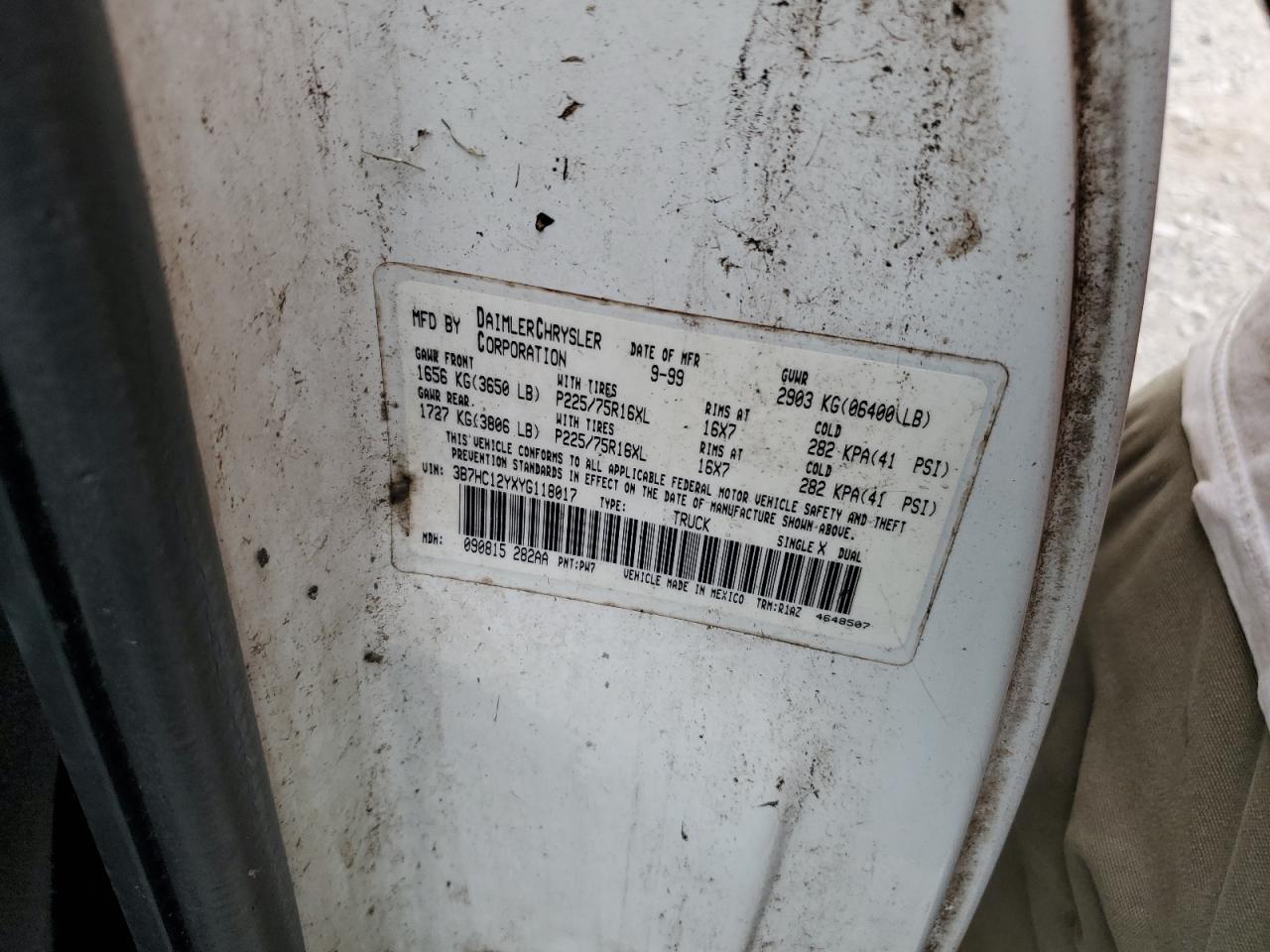 2000 Dodge Ram 1500 VIN: 3B7HC12YXYG118017 Lot: 60615085