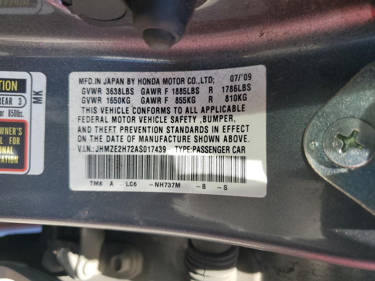 2010 Honda Insight Ex VIN: JHMZE2H72AS017439 Lot: 61777295