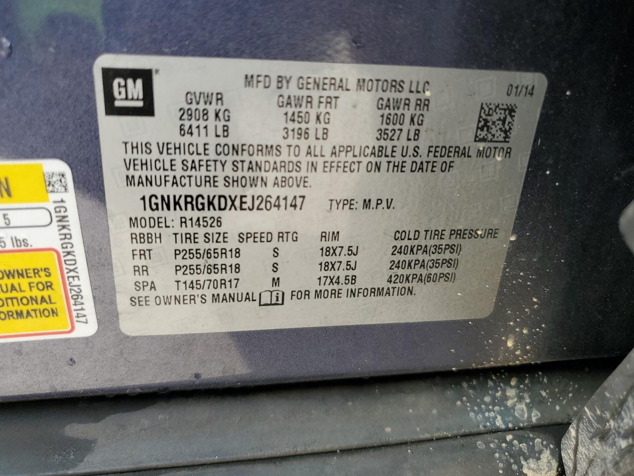 2014 Chevrolet Traverse Lt VIN: 1GNKRGKDXEJ264147 Lot: 60664315