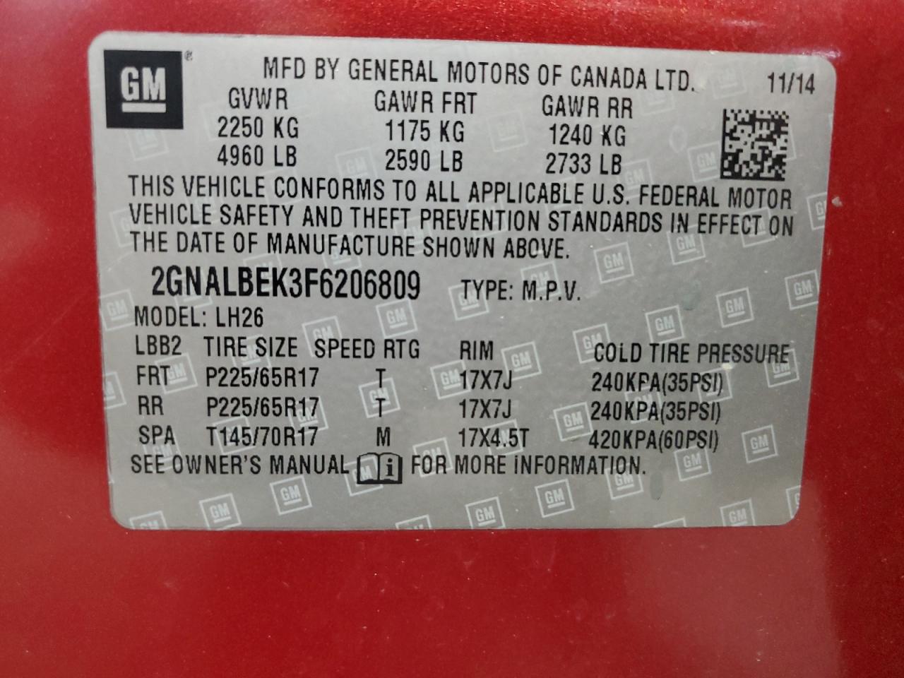 2015 Chevrolet Equinox Lt VIN: 2GNALBEK3F6206809 Lot: 62840705