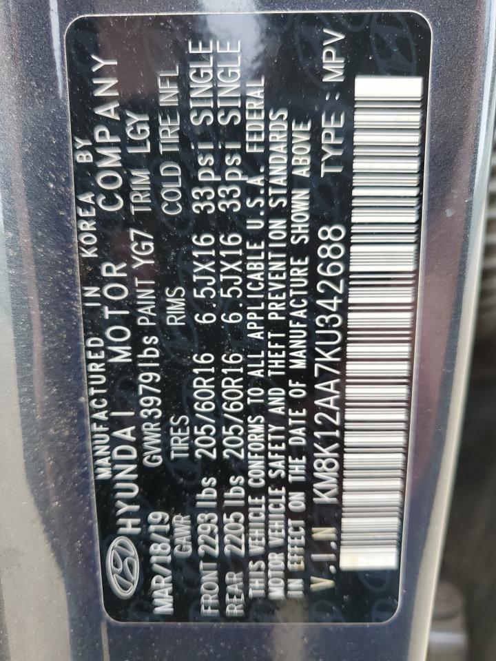 2019 Hyundai Kona Se VIN: KM8K12AA7KU342688 Lot: 60830225