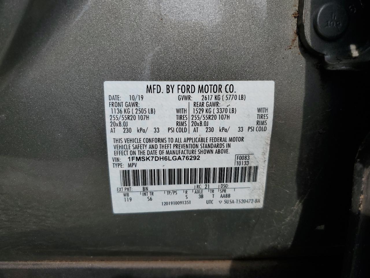 2020 Ford Explorer Xlt VIN: 1FMSK7DH6LGA76292 Lot: 62765675