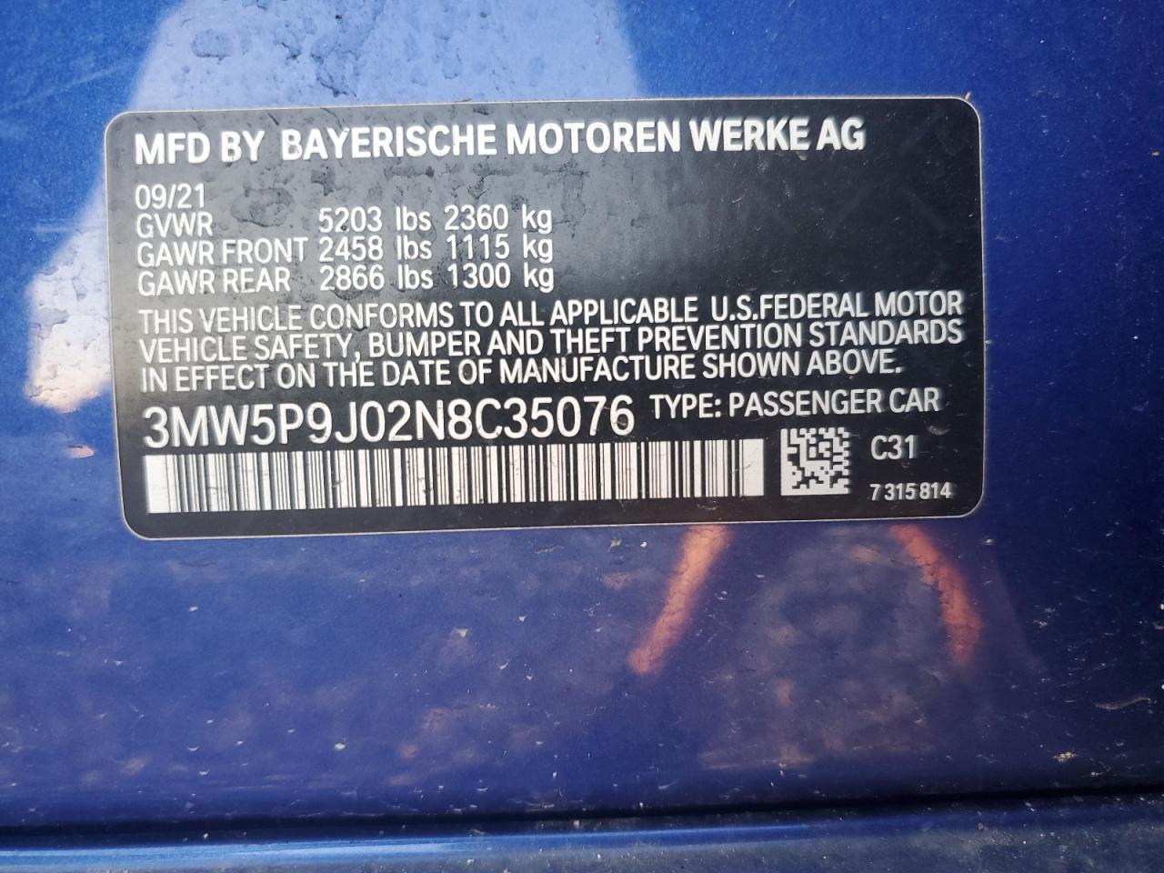 2022 BMW 330Xe VIN: 3MW5P9J02N8C35076 Lot: 59933265