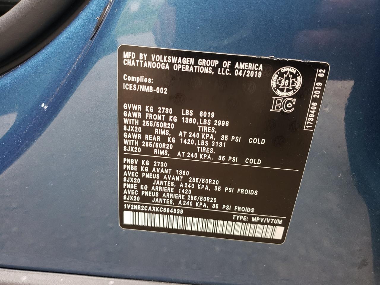 2019 Volkswagen Atlas Sel Premium VIN: 1V2NR2CAXKC564539 Lot: 61960565