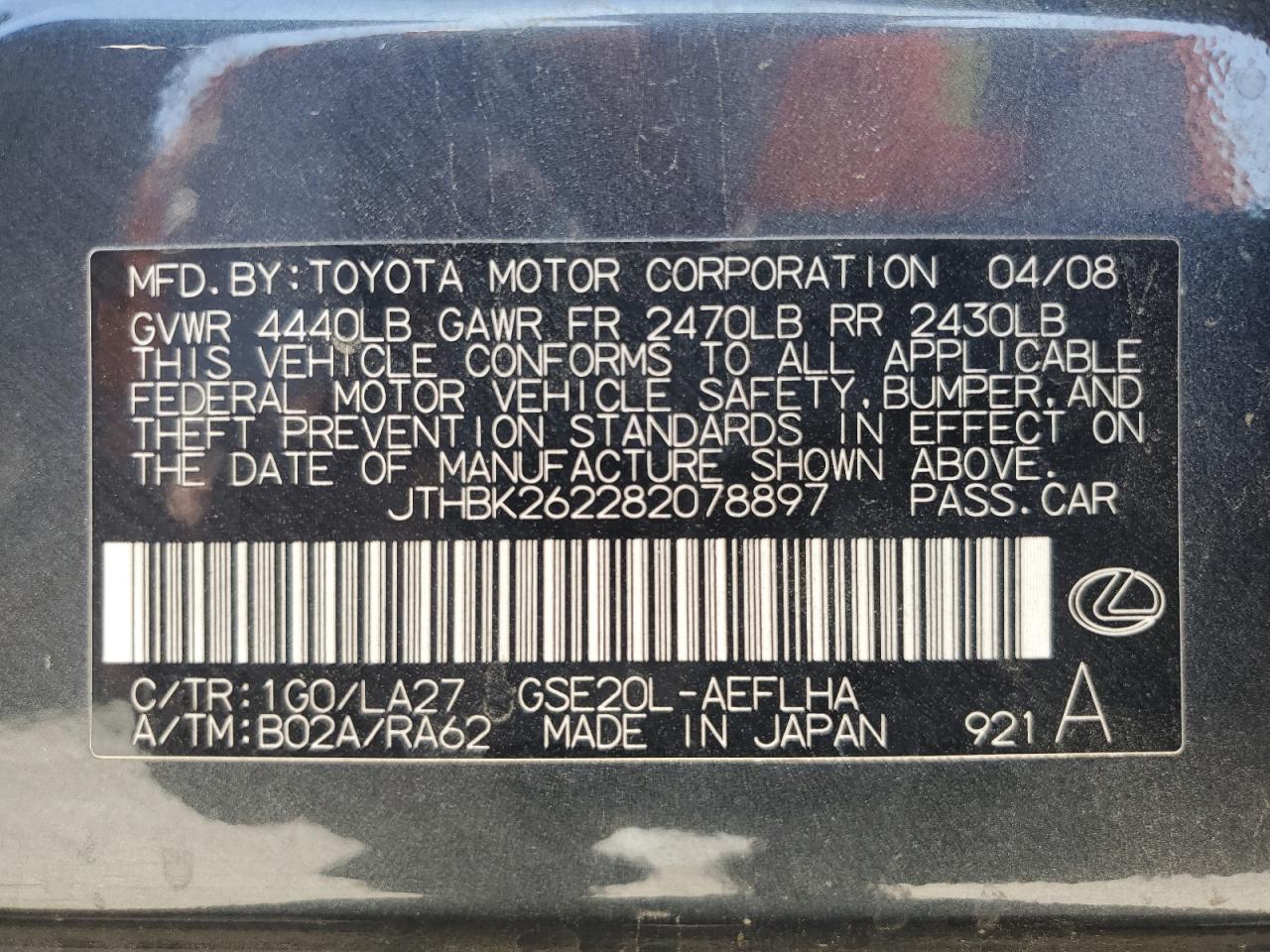 2008 Lexus Is 250 VIN: JTHBK262282078897 Lot: 61847265