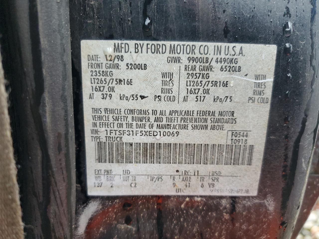 1999 Ford F350 Srw Super Duty VIN: 1FTSF31F5XED10069 Lot: 58898035