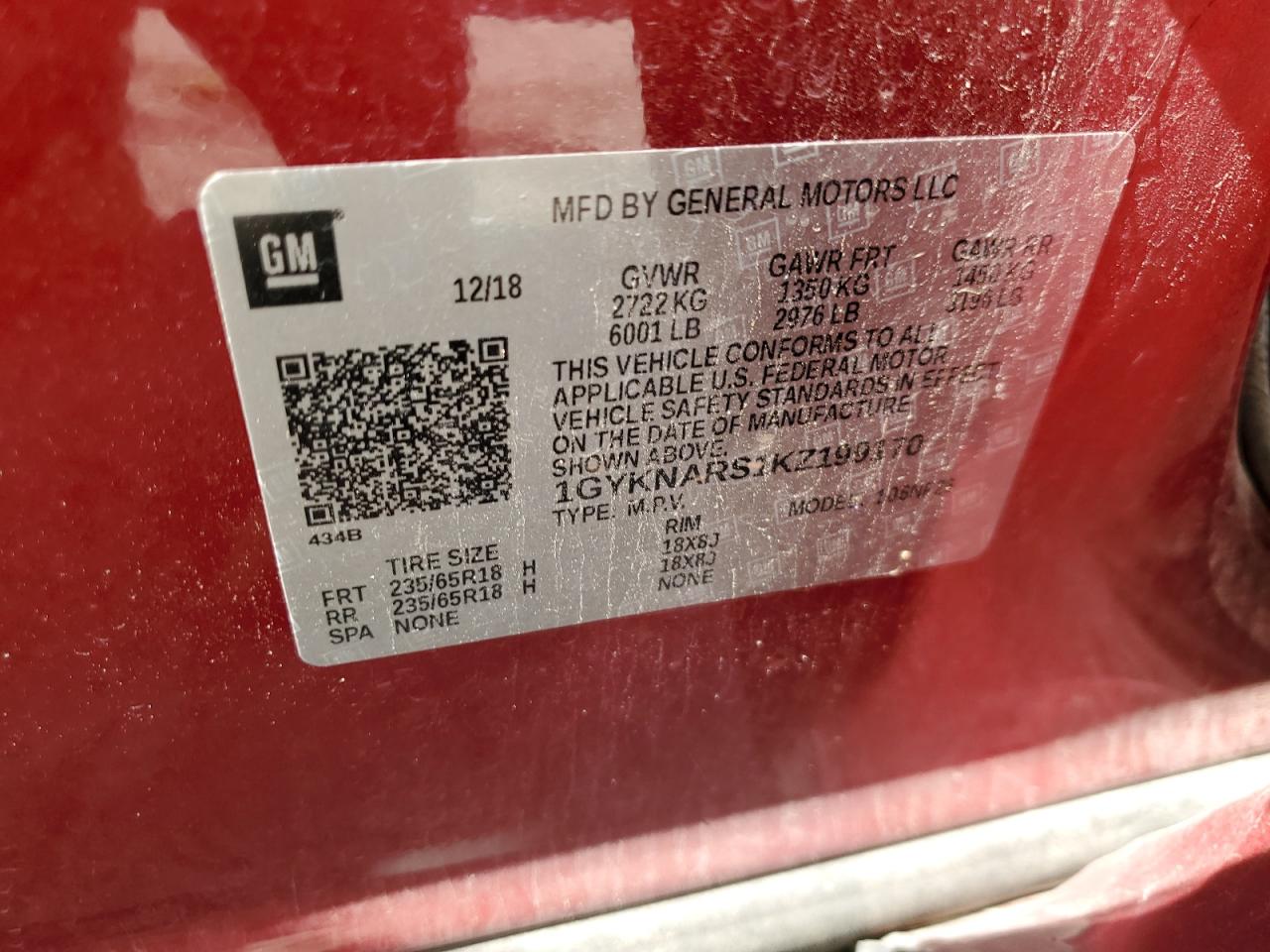 2019 Cadillac Xt5 VIN: 1GYKNARS1KZ199170 Lot: 62650695