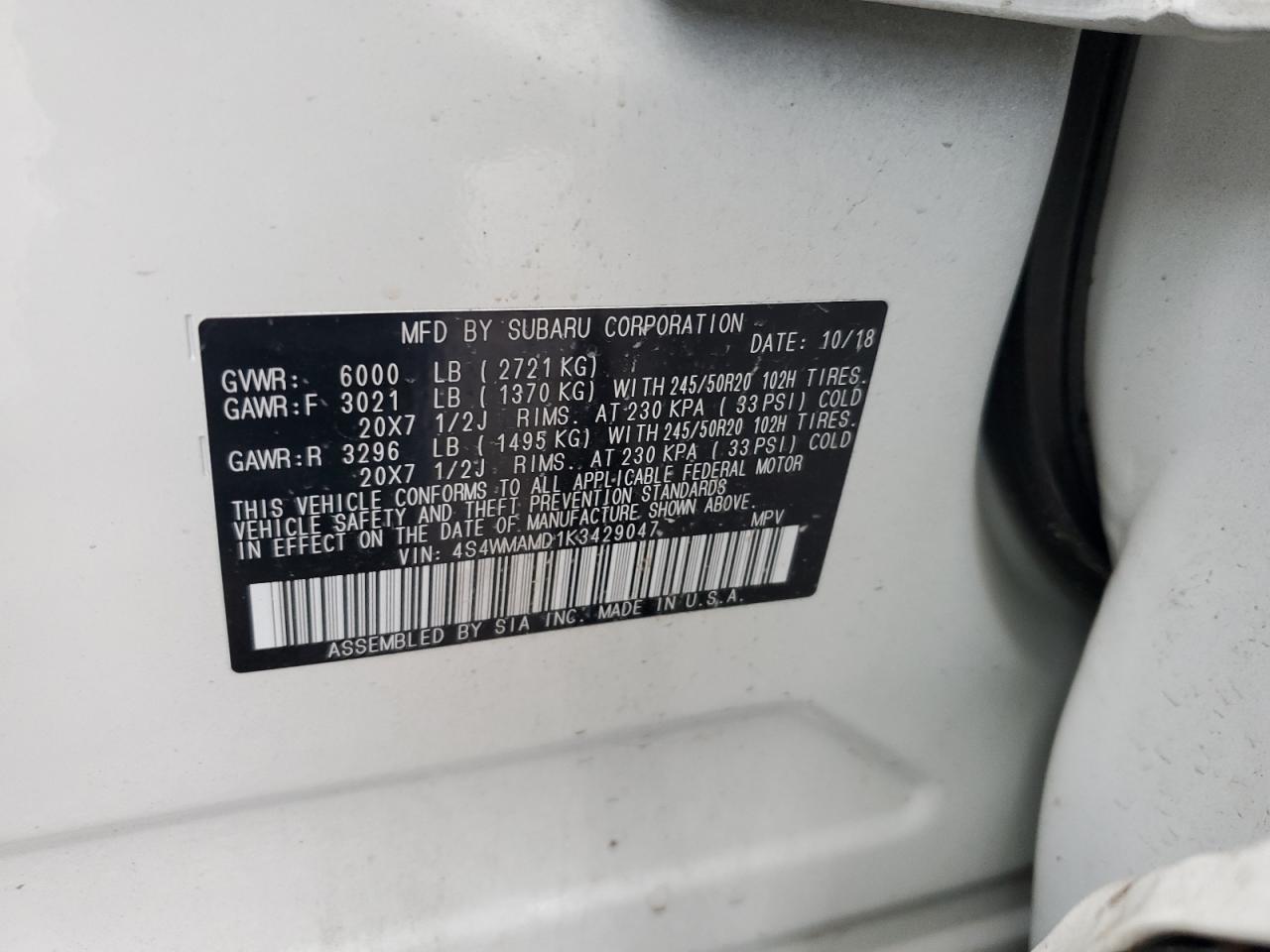 2019 Subaru Ascent Limited VIN: 4S4WMAMD1K3429047 Lot: 62090315