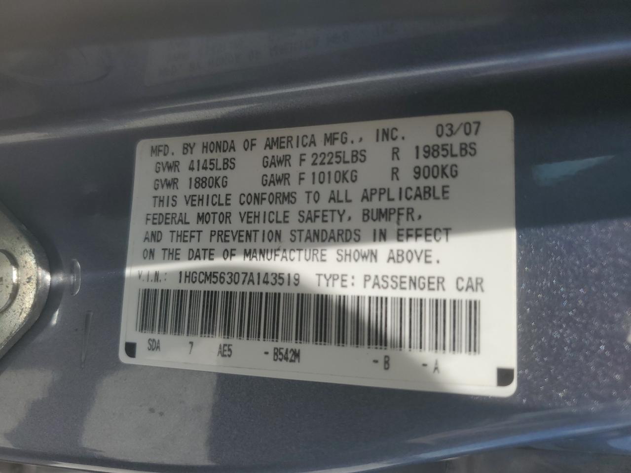 HONDA ACCORD 2007 VIN 1HGCM56307A143519 photo 12
