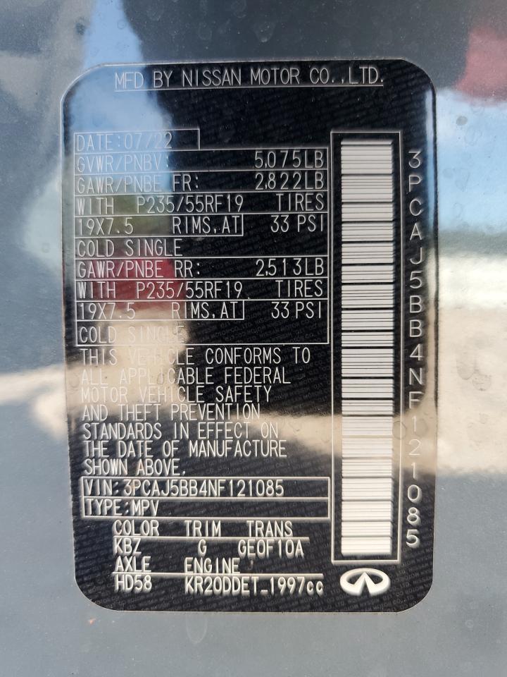 2022 Infiniti Qx50 Luxe VIN: 3PCAJ5BB4NF121085 Lot: 61133965