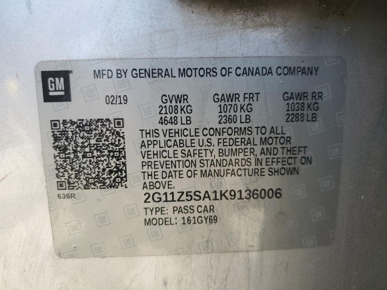 2019 Chevrolet Impala Lt VIN: 2G11Z5SA1K9136006 Lot: 61638905