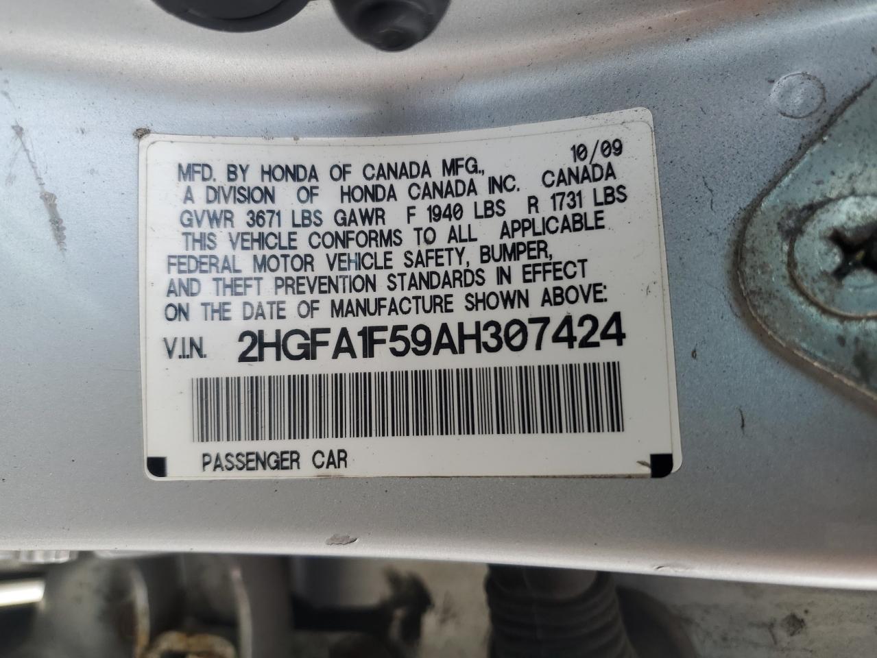 2010 Honda Civic Lx VIN: 2HGFA1F59AH307424 Lot: 62422235