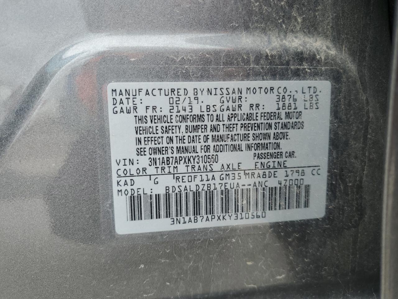 2019 Nissan Sentra S VIN: 3N1AB7APXKY310560 Lot: 63119255