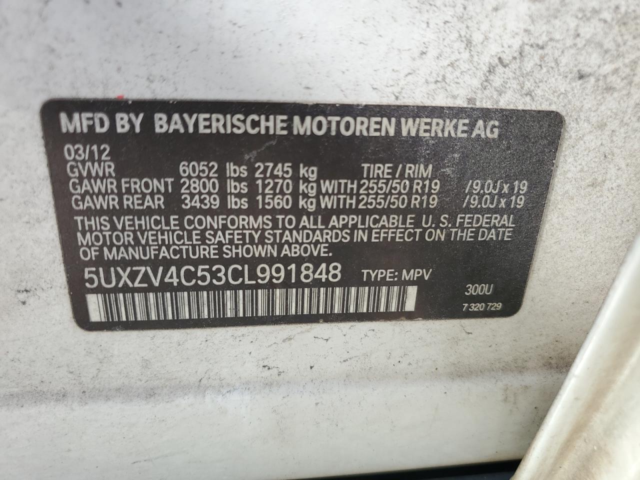 2012 BMW X5 xDrive35I VIN: 5UXZV4C53CL991848 Lot: 61109335