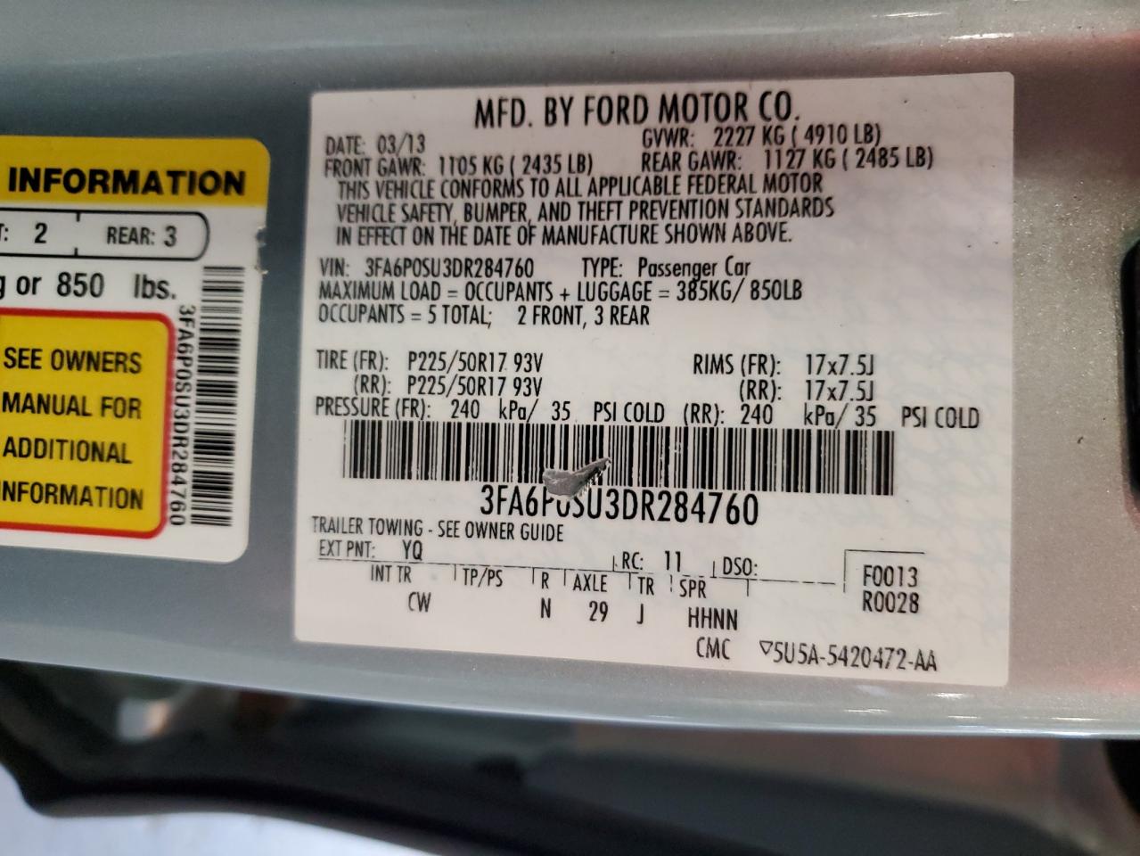2013 Ford Fusion Titanium Phev VIN: 3FA6P0SU3DR284760 Lot: 62600625