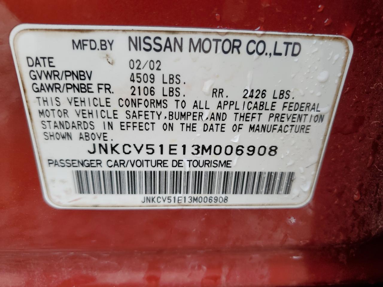 2003 Infiniti G35 VIN: JNKCV51E13M006908 Lot: 61732315