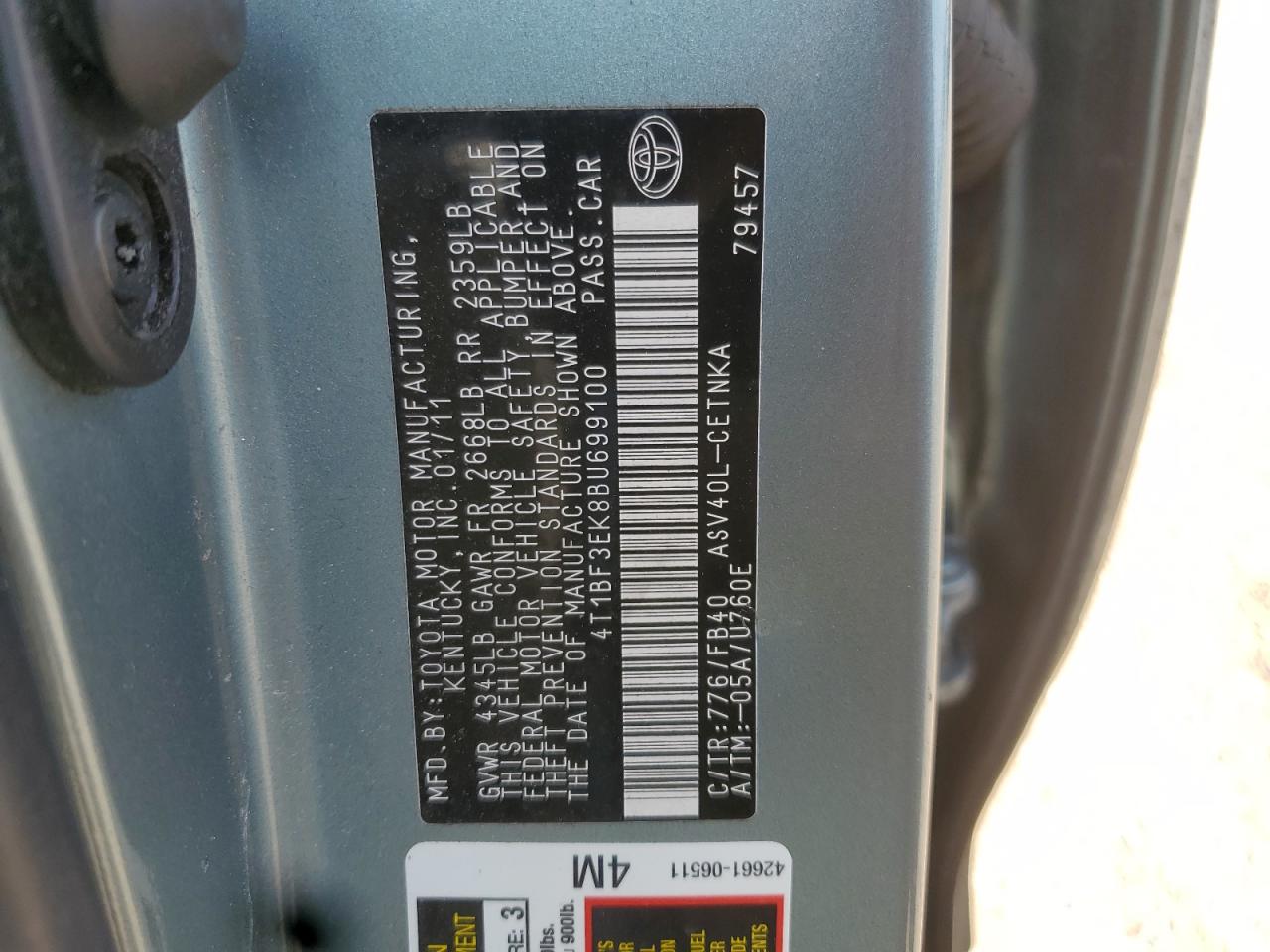 TOYOTA CAMRY 2011 VIN 4T1BF3EK8BU699100 фото 12