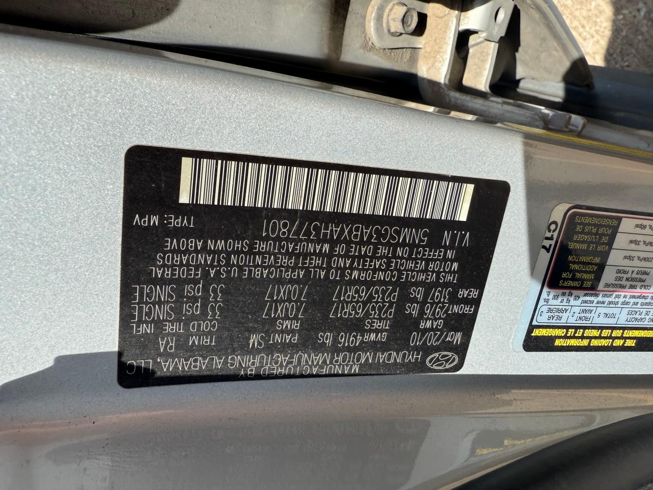 HYUNDAI SANTA FE 2010 VIN 5NMSG3ABXAH377801 фото 10