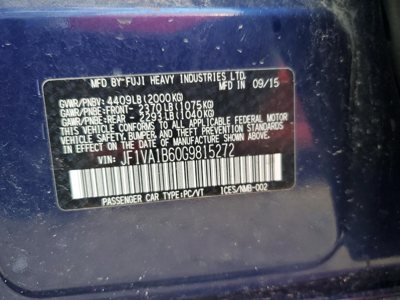 2016 Subaru Wrx VIN: JF1VA1B60G9815272 Lot: 61553855