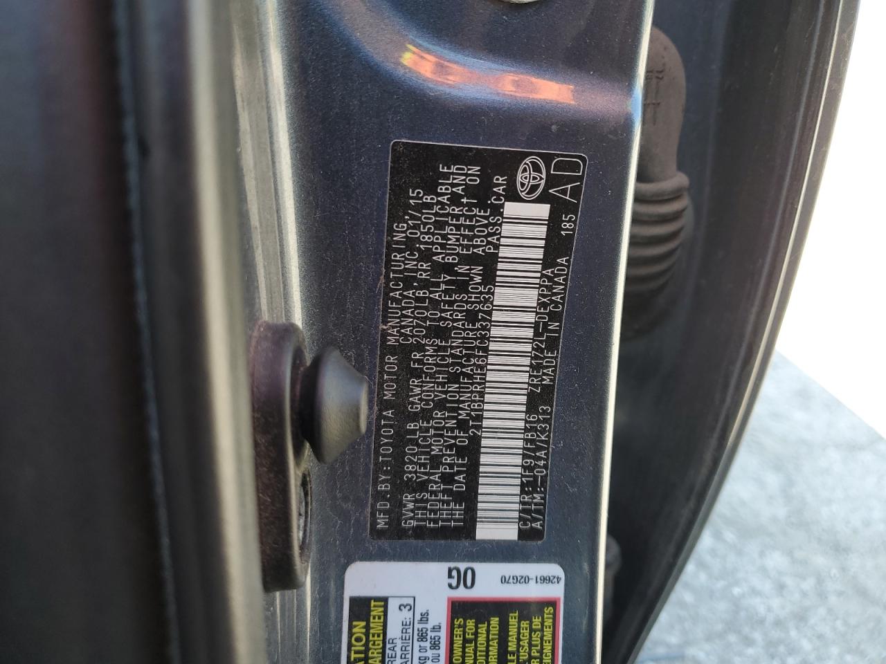 2015 Toyota Corolla Eco VIN: 2T1BPRHE6FC337635 Lot: 62612855
