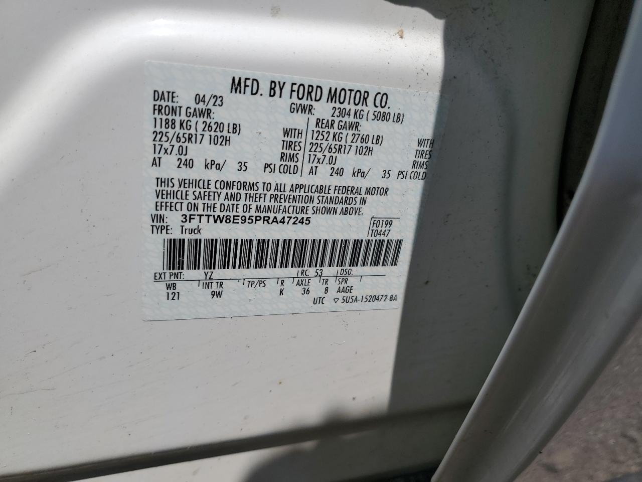 2023 Ford Maverick Xl VIN: 3FTTW8E95PRA47245 Lot: 62564425