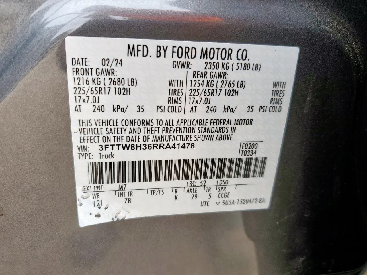 2024 Ford Maverick Xlt VIN: 3FTTW8H36RRA41478 Lot: 61676805