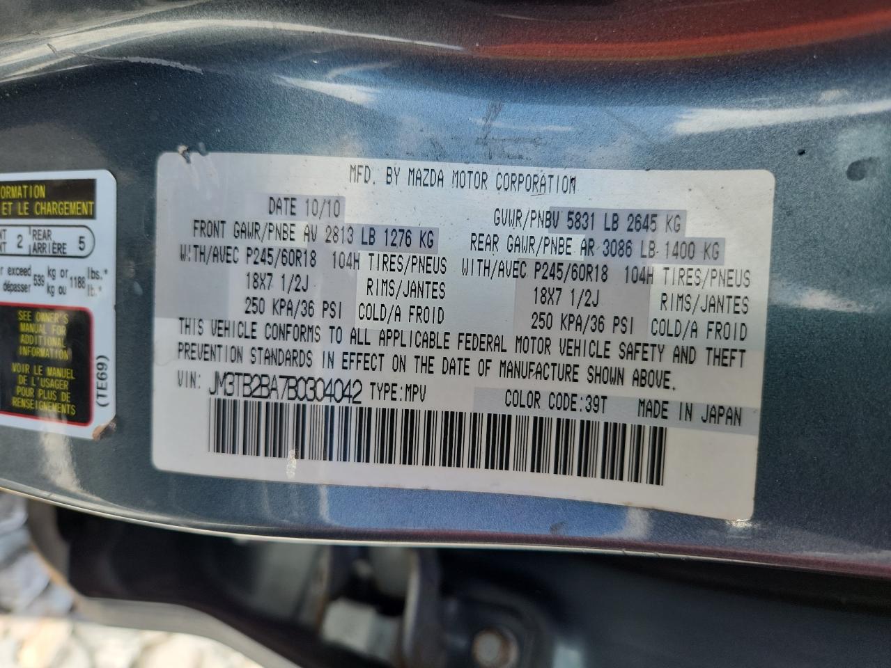 2011 Mazda Cx-9 VIN: JM3TB2BA7B0304042 Lot: 60509085