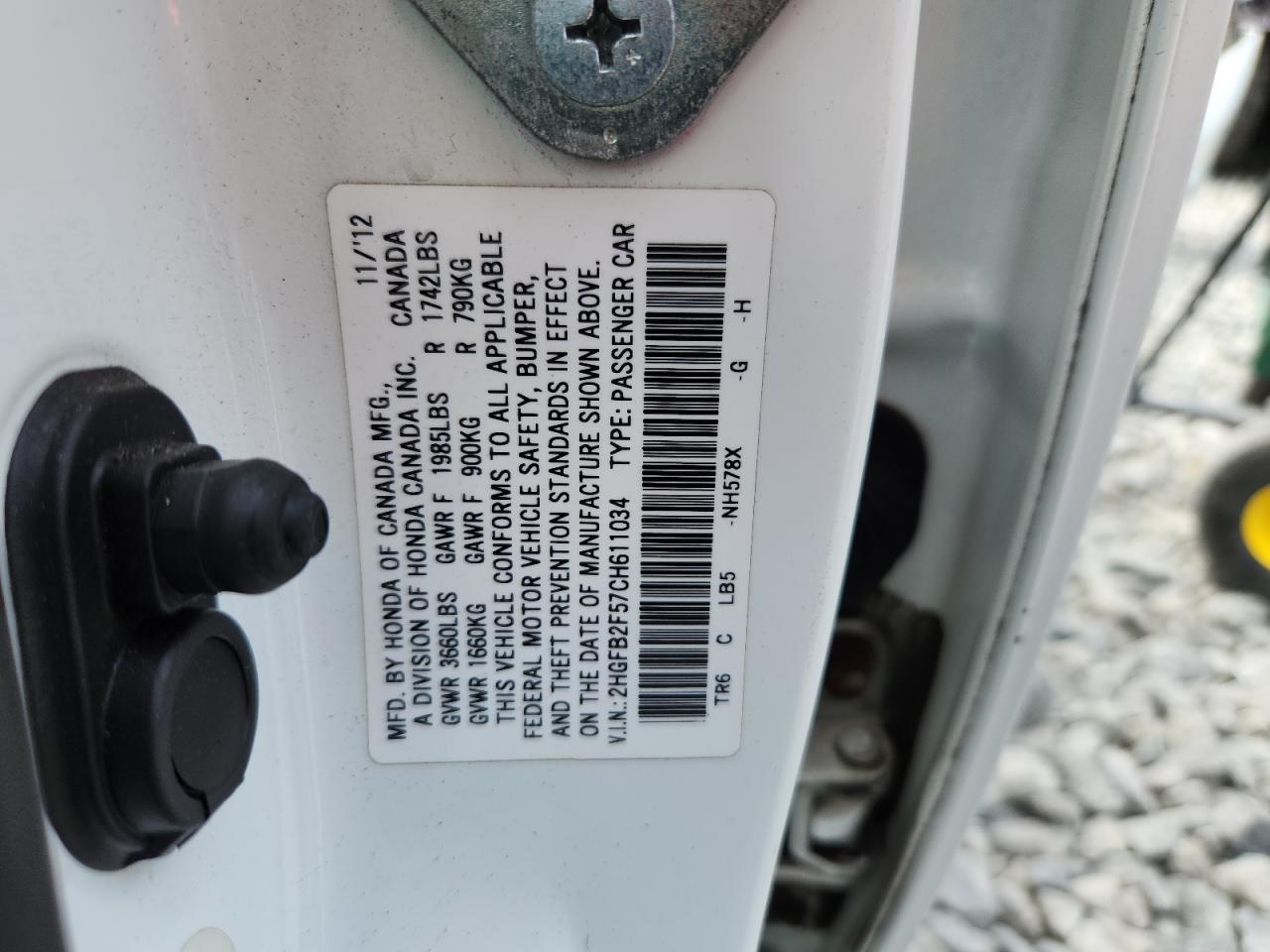 2012 Honda Civic Lx VIN: 2HGFB2F57CH611034 Lot: 62484765