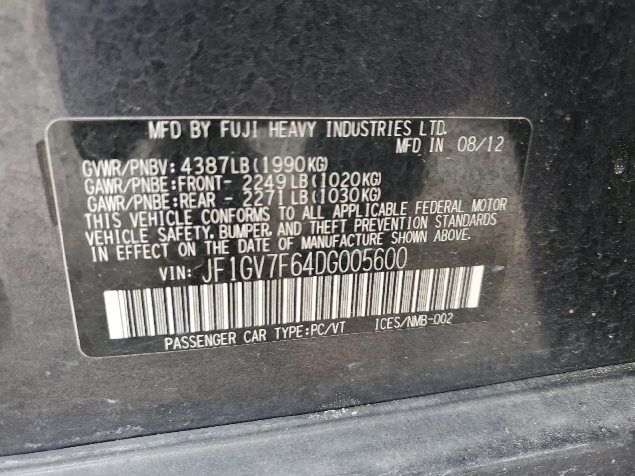 2013 Subaru Impreza Wrx VIN: JF1GV7F64DG005600 Lot: 60166225