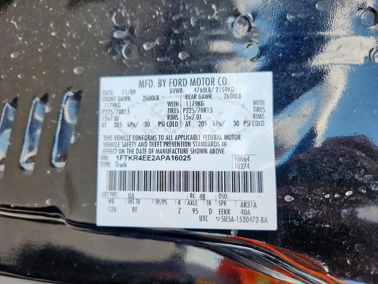2010 Ford Ranger Super Cab VIN: 1FTKR4EE2APA16025 Lot: 62127645