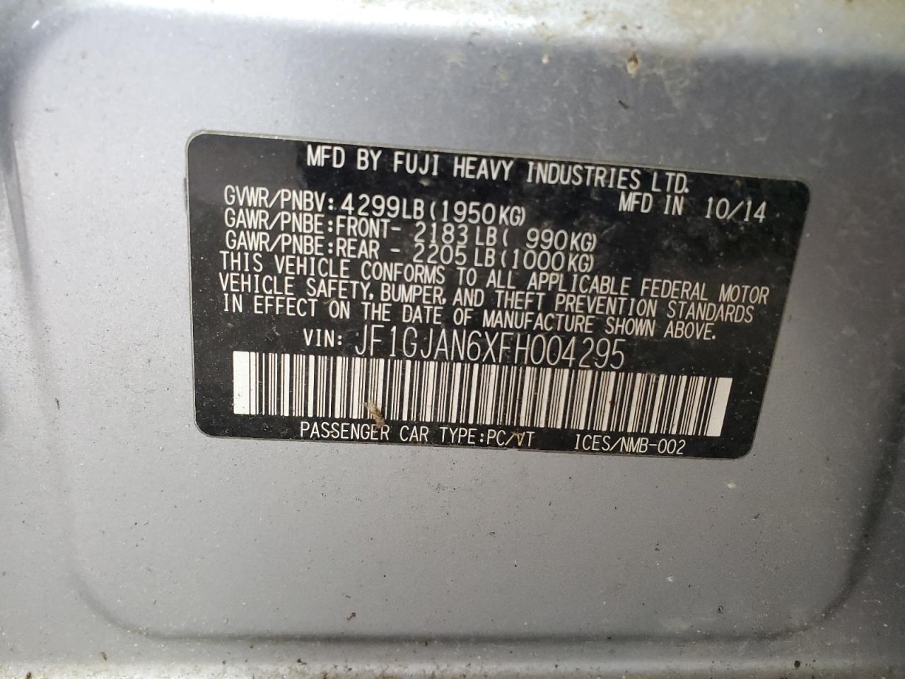 2015 Subaru Impreza Limited VIN: JF1GJAN6XFH004295 Lot: 60693235