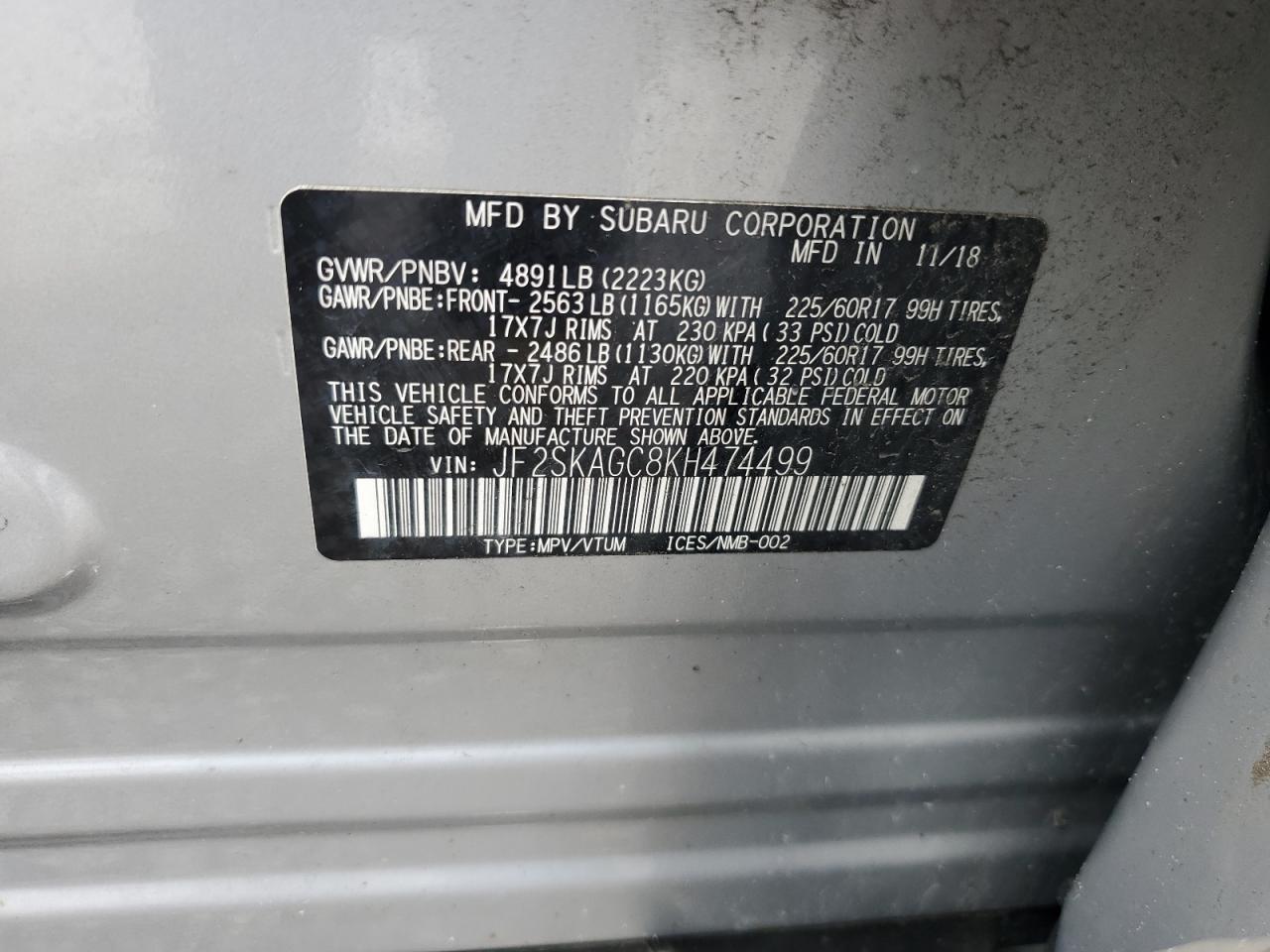 2019 Subaru Forester Premium VIN: JF2SKAGC8KH474499 Lot: 60655725