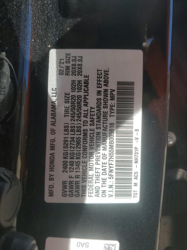 2021 Honda Passport Exl VIN: 5FNYF7H55MB005616 Lot: 61044605