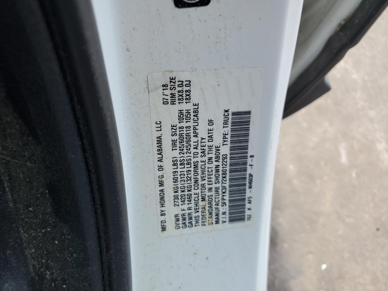 2019 Honda Ridgeline Rtl VIN: 5FPYK3F72KB012293 Lot: 61972405