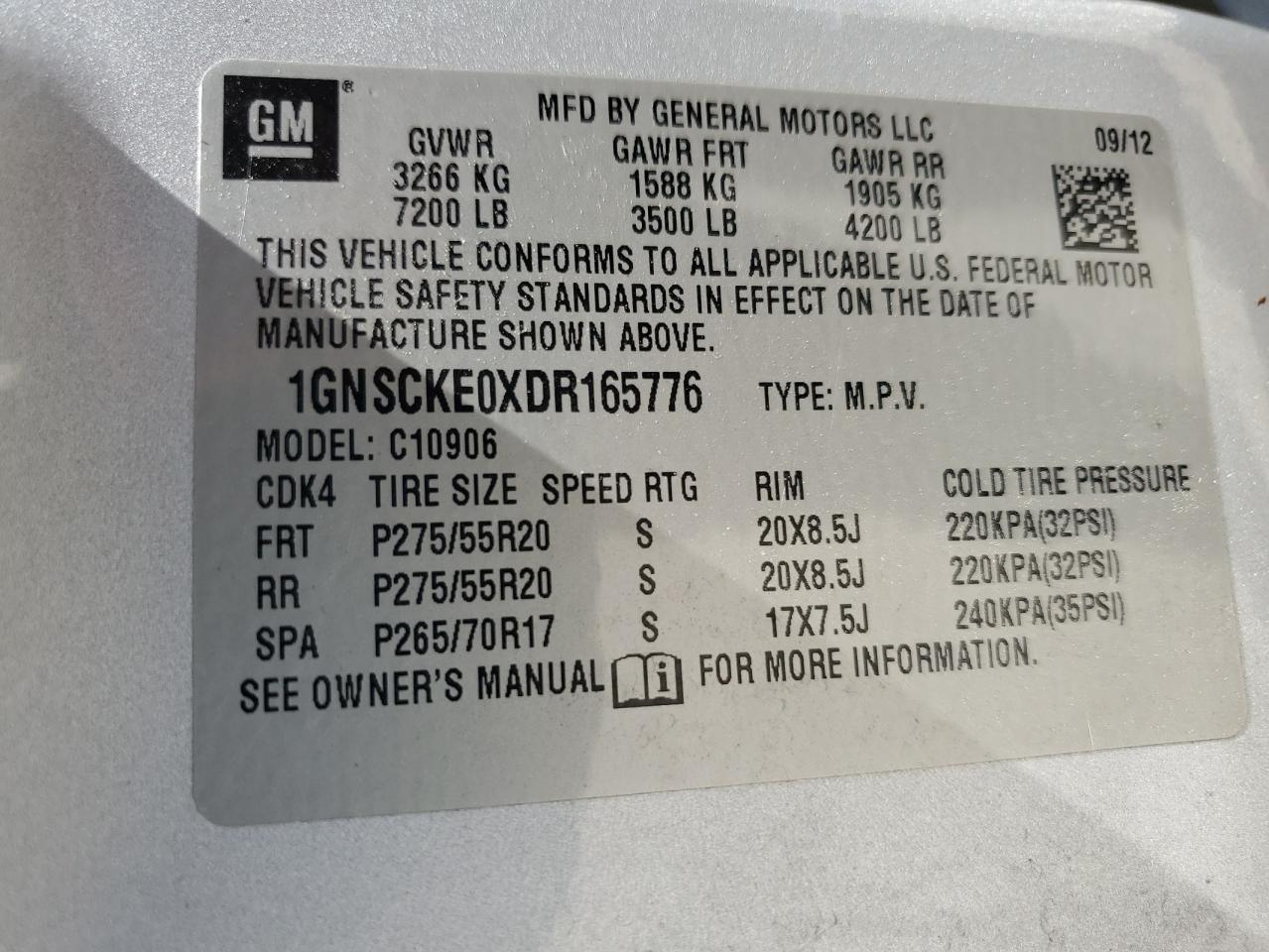 2013 Chevrolet Suburban C1500 Ltz VIN: 1GNSCKE0XDR165776 Lot: 62486635