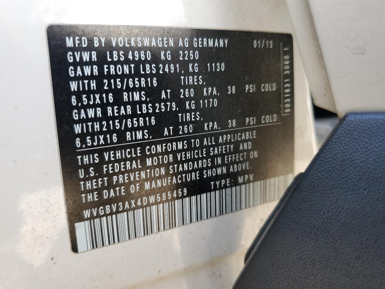 2013 Volkswagen Tiguan S VIN: WVGBV3AX4DW585459 Lot: 59539175