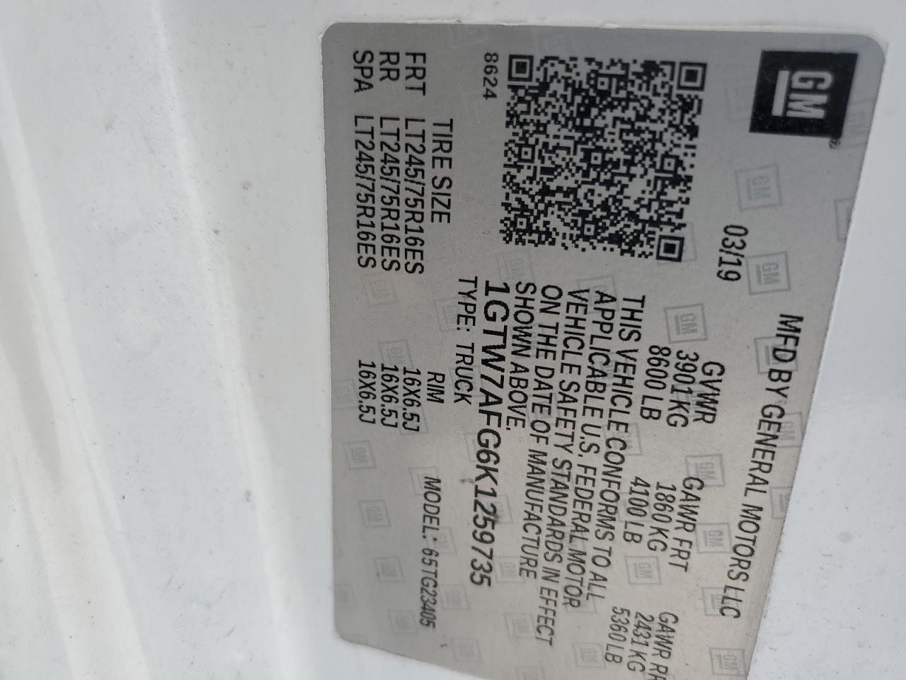 2019 GMC Savana G2500 VIN: 1GTW7AFG6K1259735 Lot: 61904585