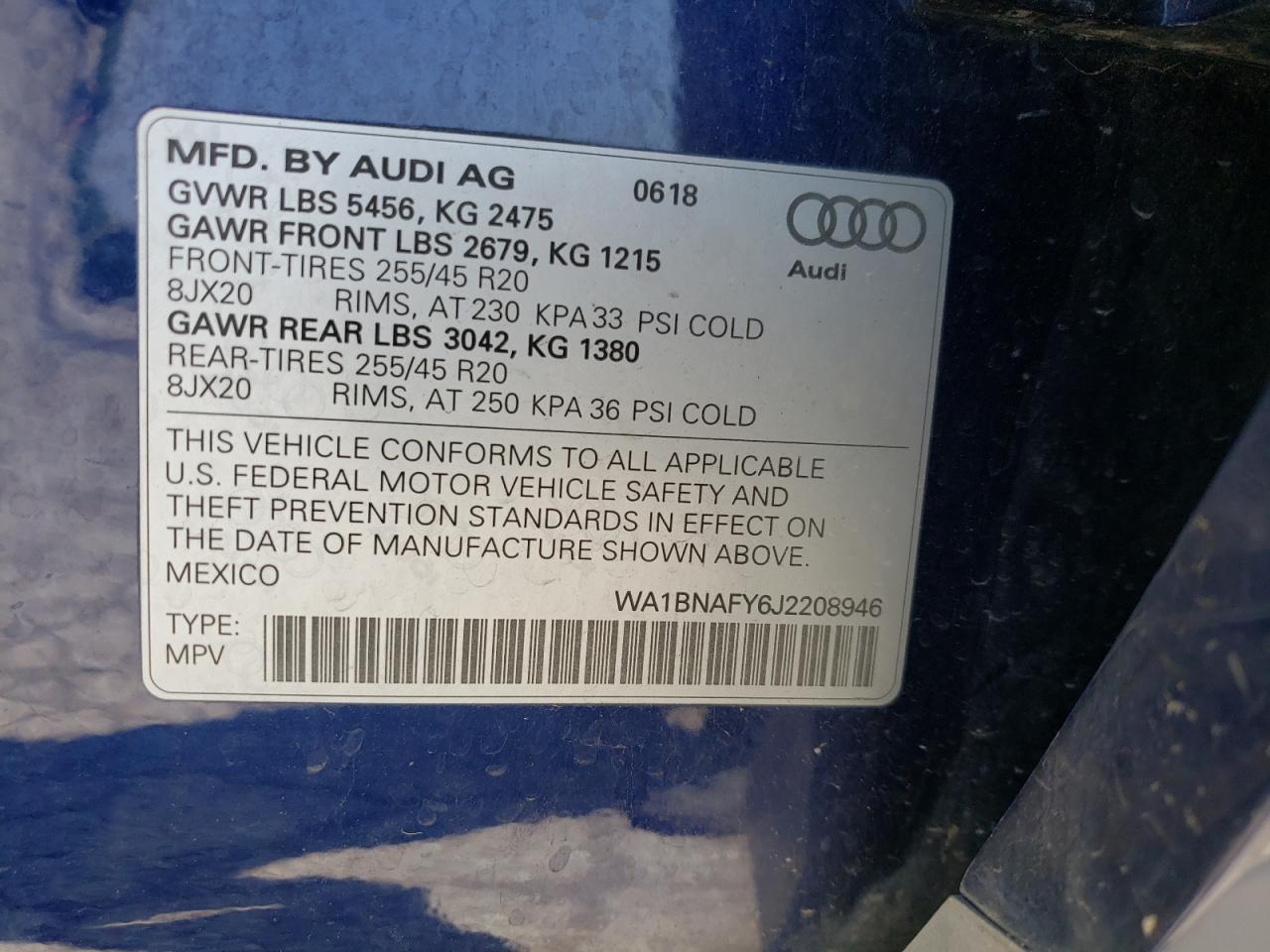 2018 Audi Q5 Premium Plus VIN: WA1BNAFY6J2208946 Lot: 60256015