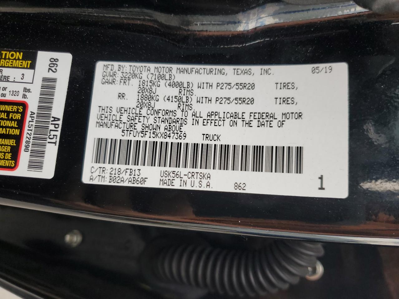 TOYOTA TUNDRA 2019 VIN 5TFUY5F15KX847369 фото 13