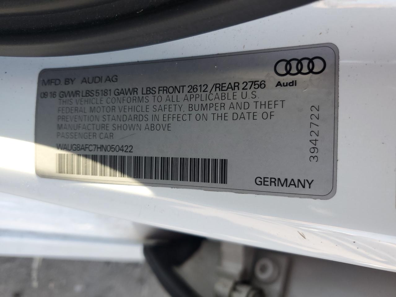 2017 Audi A6 Premium Plus VIN: WAUG8AFC7HN050422 Lot: 61548785