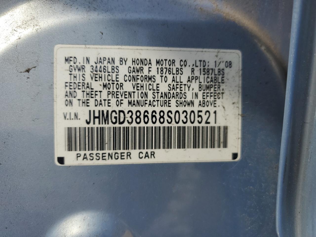 2008 Honda Fit Sport VIN: JHMGD38668S030521 Lot: 62479115