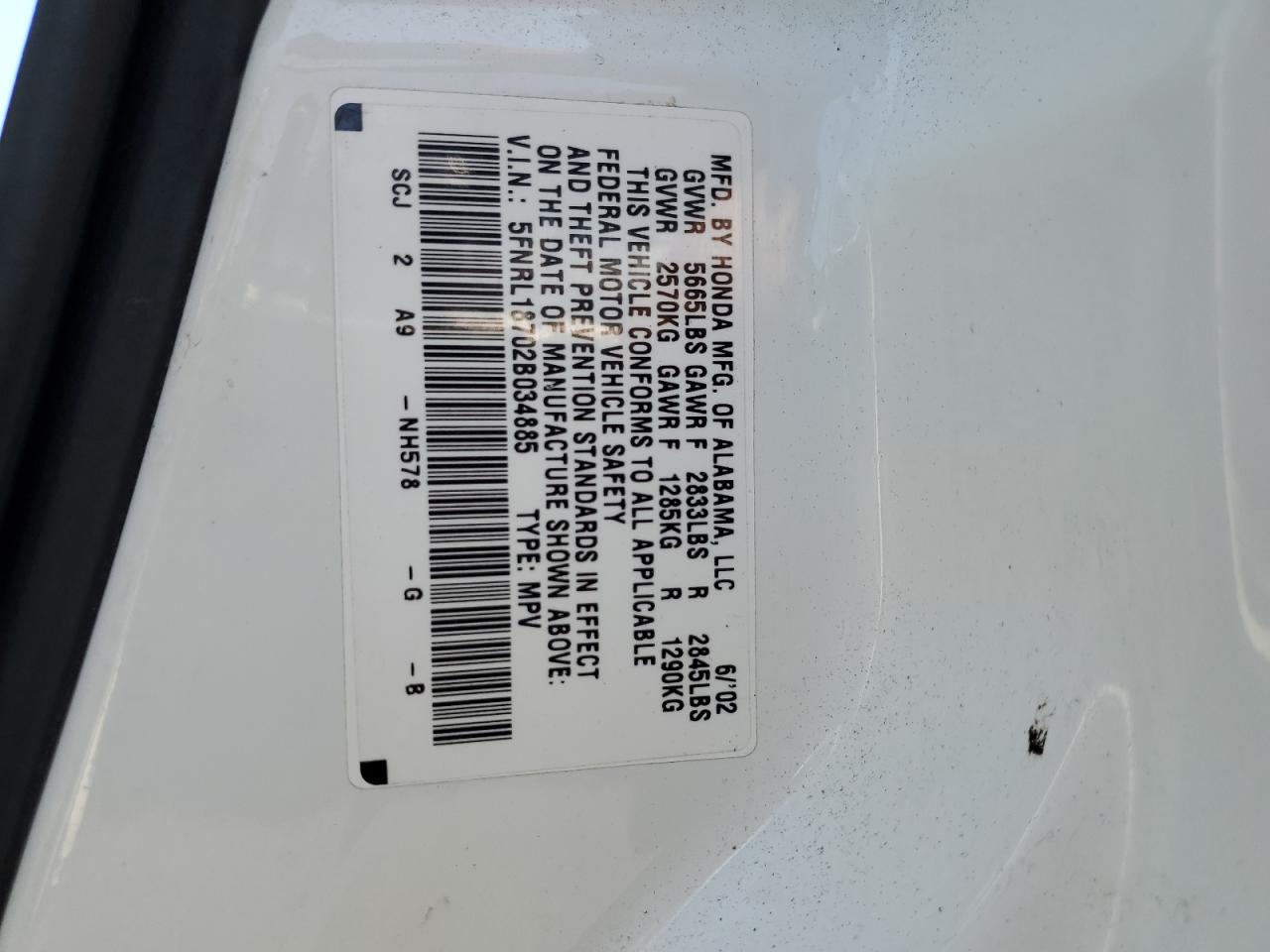 2002 Honda Odyssey Exl VIN: 5FNRL18702B034885 Lot: 61873755